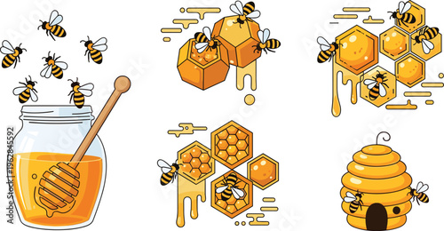 Honey and Beekeeping Set Featuring Bees Honey Jar Honeycomb and Beehive Sweet Natural Product Flat Vector Illustration Isolated on White Background