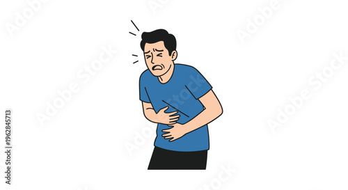 A man with black hair wearing a blue t-shirt is grimacing in pain while holding his stomach with both hands against a plain white background.