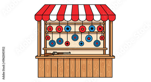 A wooden shooting gallery stall with a red and white striped awning contains circular targets hanging from strings and a rifle resting on the counter.