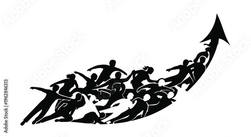 A dynamic formation of silhouetted human figures curves upwards, transforming into an arrow that signifies collective progress and upward momentum in a business context.