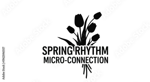 A minimalist silhouette of tulips and reeds, rendered in stark black and white, evokes the gentle rhythm of spring and new beginnings in a clean graphic design.