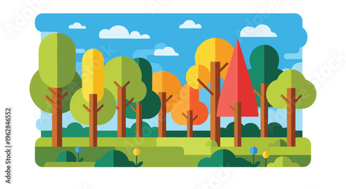Flat landscape with trees in different colors. Sky and grass included