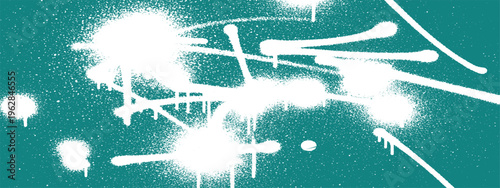 White paint splatter and splash on teal green background, abstract energetic spray art, dynamic grunge texture element, brush stroke