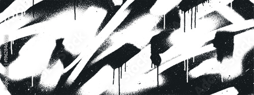 Black and white graffiti spray paint strokes and drips on a textured background, abstract urban art style for background textures