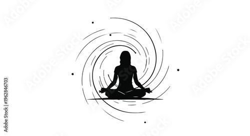 Silhouette of a person in a meditative lotus pose is enveloped by swirling abstract lines and dots, conveying inner peace, calm, and spiritual balance on a bright white backdrop.