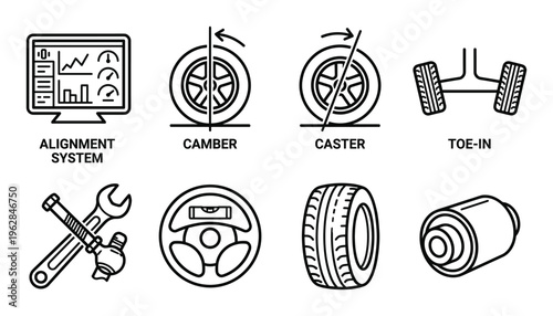 Wheel alignment and automotive suspension diagnostic icons set including camber caster and toe in
