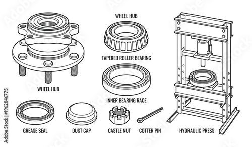 Wheel hub bearing kit with grease seal dust cap castle nut and hydraulic shop press equipment vector