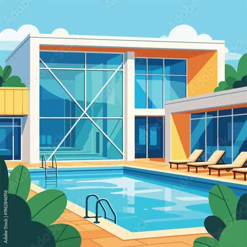 Modern architectural illustration featuring a pool and sleek building