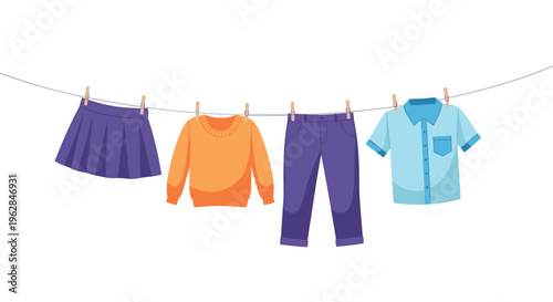 Four items of clothing including a purple skirt and an orange sweater are pinned to a clothesline with wooden pegs for air drying in a scene.