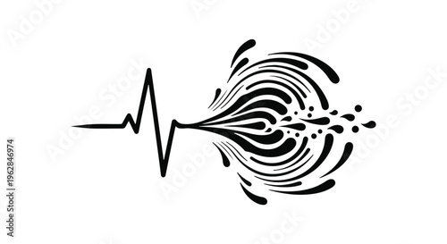 Abstract black electrocardiogram wave transforms into a dynamic splash of liquid, representing vital energy and motion against a clean white background.