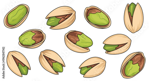 Multiple individual pistachio nuts with beige shells and green kernels are scattered across a white background in a flat lay arrangement.