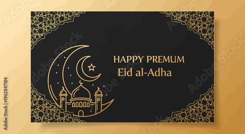 Luxurious Eid al-Adha banner with shimmering golden mosque, crescent moon, and intricate Islamic patterns on a deep black canvas, ideal for festive greetings