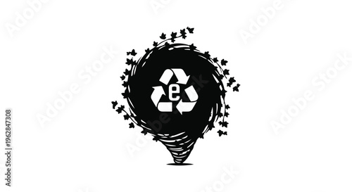 A circular recycling symbol at the center of a swirling vortex of stylized leaves and organic elements, representing environmental sustainability and ecological cycles.
