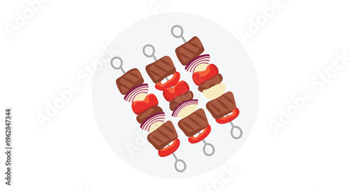 Three grilled meat and vegetable skewers are served on a round gray plate against a clean white background for a minimalist food presentation.