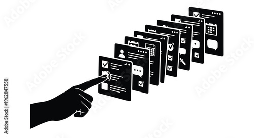 A silhouette hand selects an application icon from a row of digital screens against a stark white background, representing technology and choices.