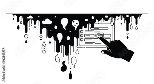 Hand interacting with a digital interface featuring checkboxes and text fields, emerging from an abstract design of dripping black fluid and scattered speech bubbles, illustrating a complex flow of.