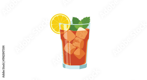 A faceted glass filled with amber iced tea and numerous ice cubes is garnished with a lemon slice and mint sprig.