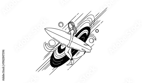 Abstract summer surfing concept girl with surfboard and waves modern vector illustration isolated on white background