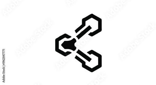 Intricate black geometric icon featuring stylized hexagonal components intricately linked by central bars, effectively symbolizing digital connection, data sharing, and robust technological.