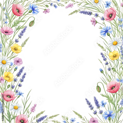 A beautiful botanical frame arrangement featuring vibrant red poppies, purple lavender stalks, blue cornflowers, and white daisies in natural style isolated on transparent background