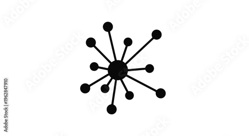 Abstract black circular node serves as a central hub, emitting multiple radiating lines that connect to smaller satellite points, effectively illustrating concepts of networking, data distribution.