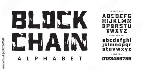 Block Chain heavy geometric font with rough grunge texture and industrial stencil style for technology construction branding