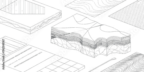 Isometric geological cross sections and topographical maps with line textures geology topography