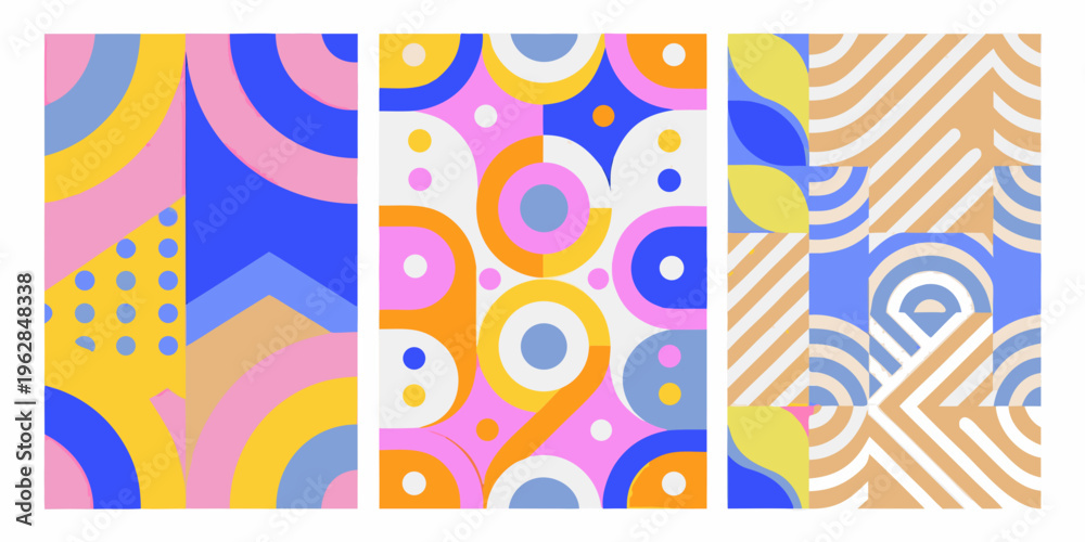 Obraz premium Abstract geometric patterns in vibrant colors arranged in a triptych format