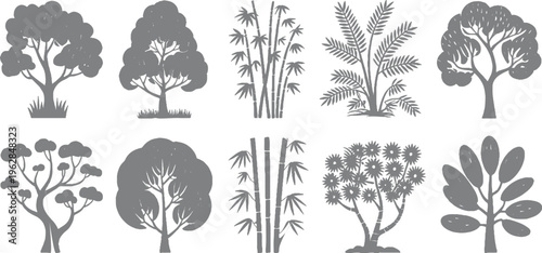 Collection of ten stylized grey silhouette trees and plants including bamboo and foliage