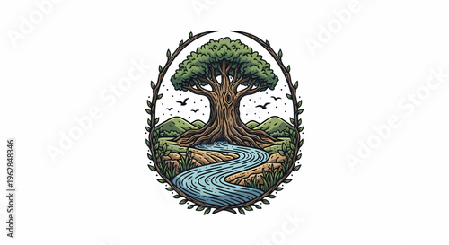 Tree Emblem with Leaves and Trunk.