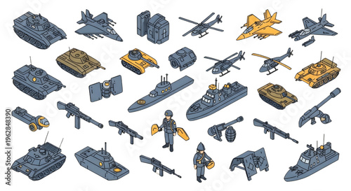 Military Equipment Isometric Icon Set – AutoCAD Transport and Utility Vehicles Outline Silhouette Collection