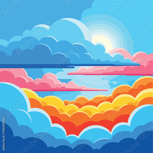 Pixelated artwork showing vibrant clouds and sky with a sun