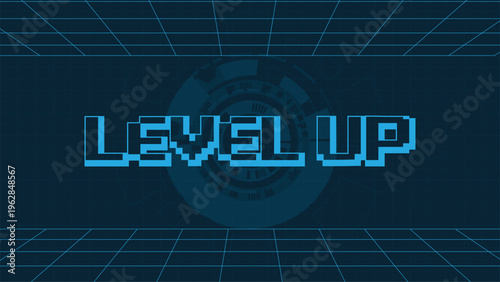 LEVEL UP. digital art for game assets.Retro Futurism Sci-Fi Background. glowing neon grid from vintage arcade computer games