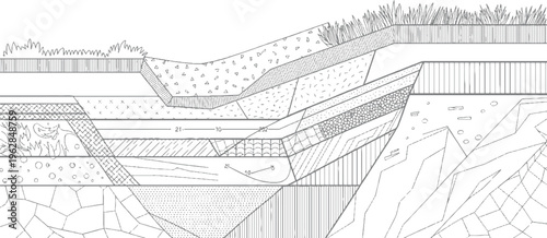 Geological cross section showing layered rock strata and soil with grass on geology layers