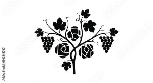 A stylized vine displays ripe grapes and hop cones, with intricate leaf patterns and a central branching structure, representing elements of beverage production.