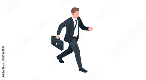 A businessman in a dark suit runs while carrying a black briefcase against a white background in an isometric view.