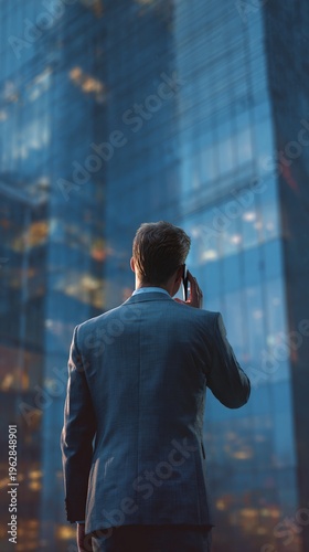 Businessman looking out office building window.