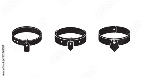 Three black leather collars with metal buckles and tags on white background  pet accessories  collar designs