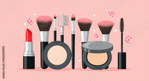 Makeup brushes and cosmetics on pink background with sparkles beauty products for makeup and skincare routine