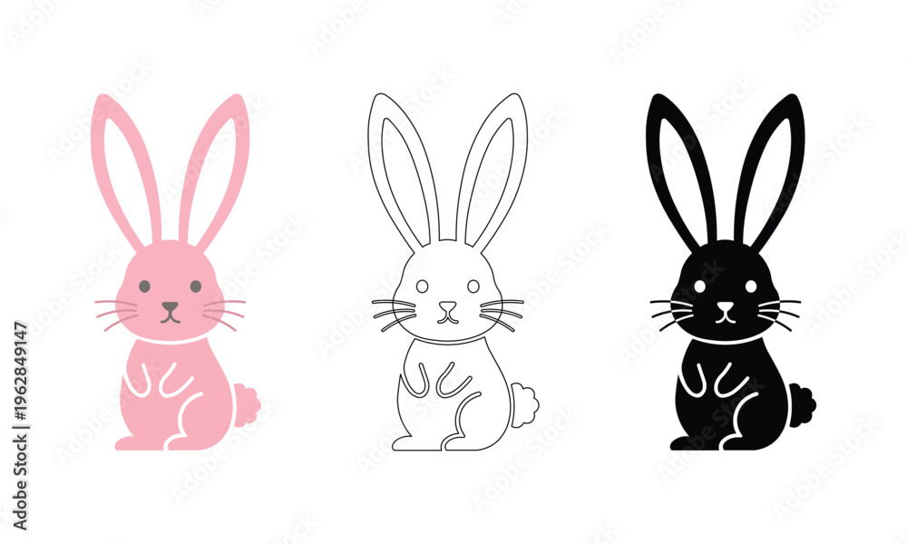 Obraz premium Cute bunny illustrations in pink white and black colors simple line art vector icons for easter pet and animal design