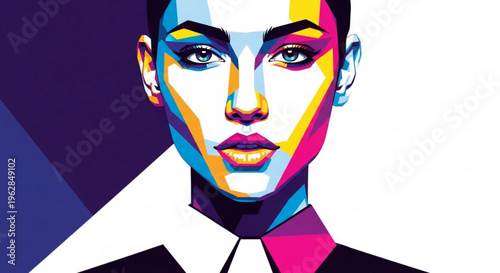 Vibrant portrait of a young man in a suit with colorful geometric patterns on his face