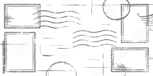 Collection of grey postage stamp outlines and wavy lines on white background mail envelope