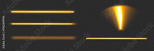 yellow glowing led light line beam collection. Bright luminous fluorescent bar stick lines. Shining cold color strip element pack to divide, separate, decorate
