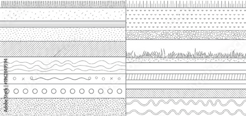Collection of diverse line patterns and textures arranged in horizontal bands abstract background