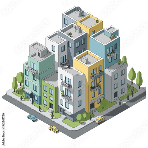 Isometric illustration of a city block featuring colorful buildings