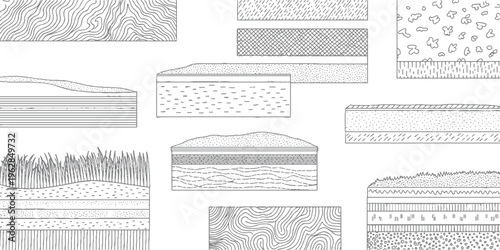 Various geological soil strata layers and cross sections with different textures and patterns geology
