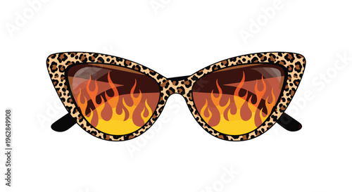 Leopard print cat-eye sunglasses with vibrant orange and yellow flame patterns on the lenses are centered against a solid white background.