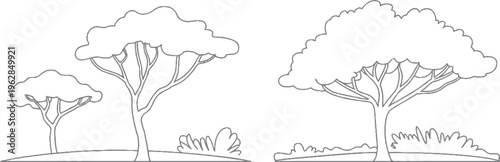 Two stylized trees with bushy foliage and branches on a grassy landscape