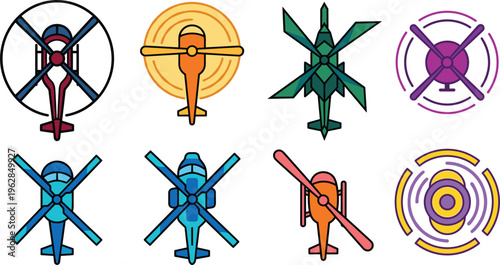 Helicopter top view vector icon set with rotor motion symbols aviation aircraft collection colorful isolated design