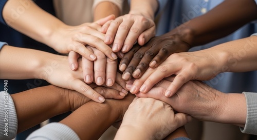 A diverse group of people stacking their hands together in a powerful symbol of unity, collaboration, teamwork, support, and collective strength